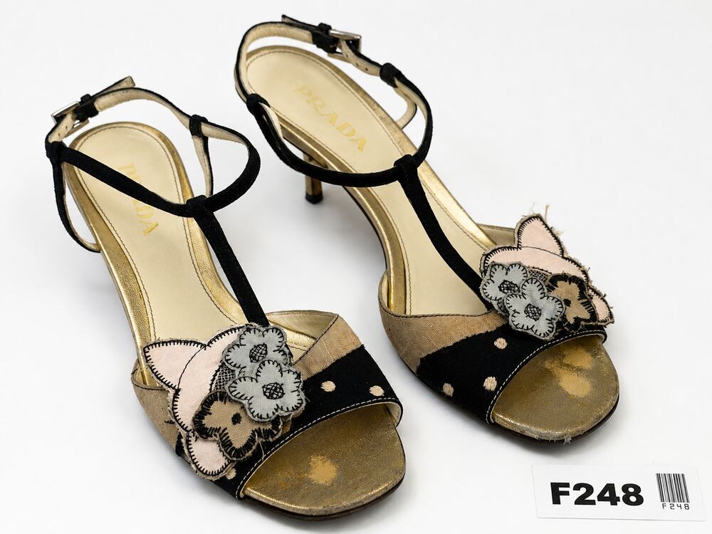 Vintage Prada Floral Appliqué Kitten Heel Sandals, Made in Italy, Size 35.5